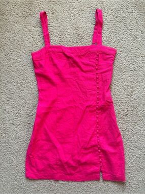 Pink Button Accent Linen Blend Mini Dress